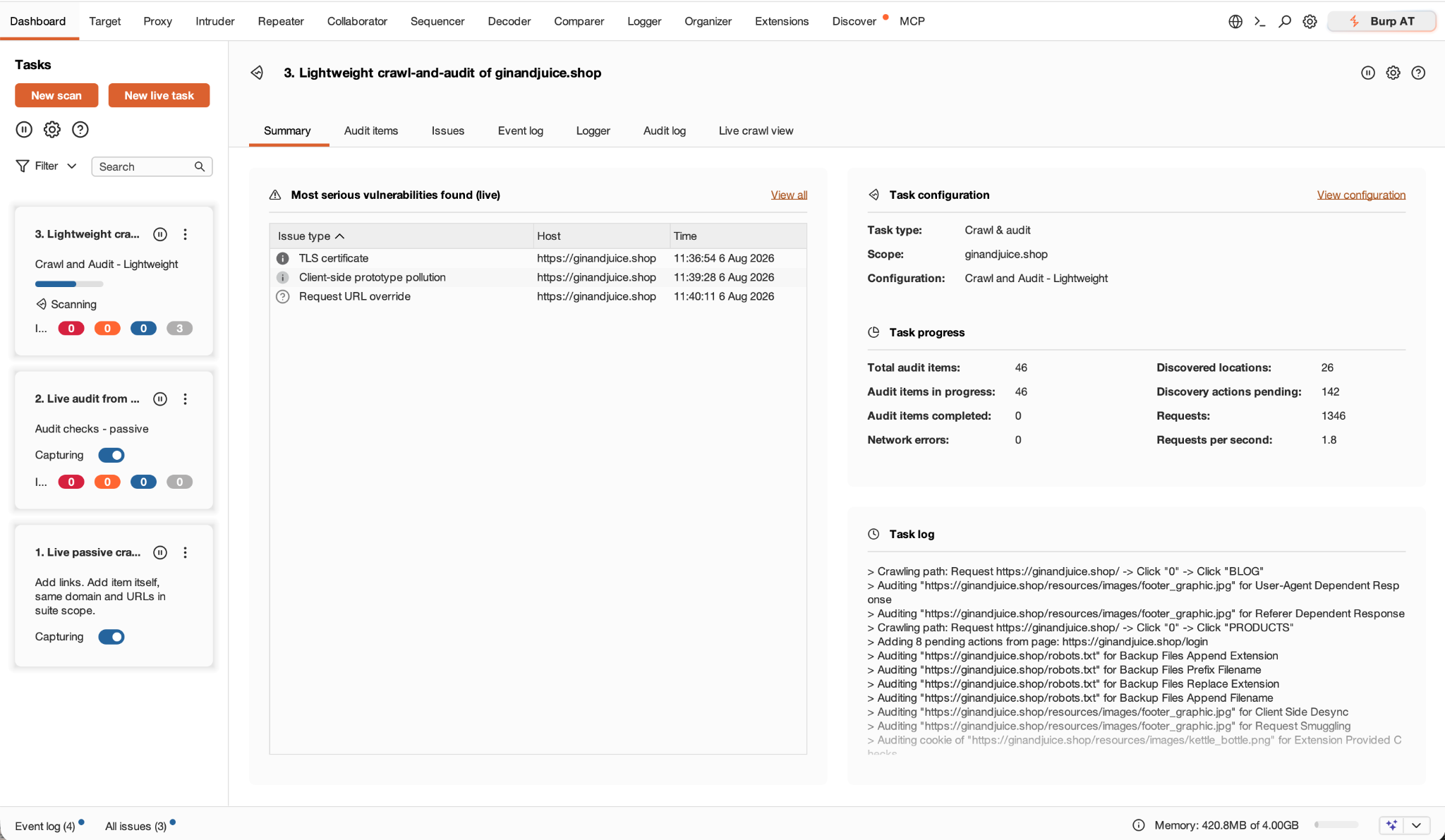 Burp's live task on the dashboard
