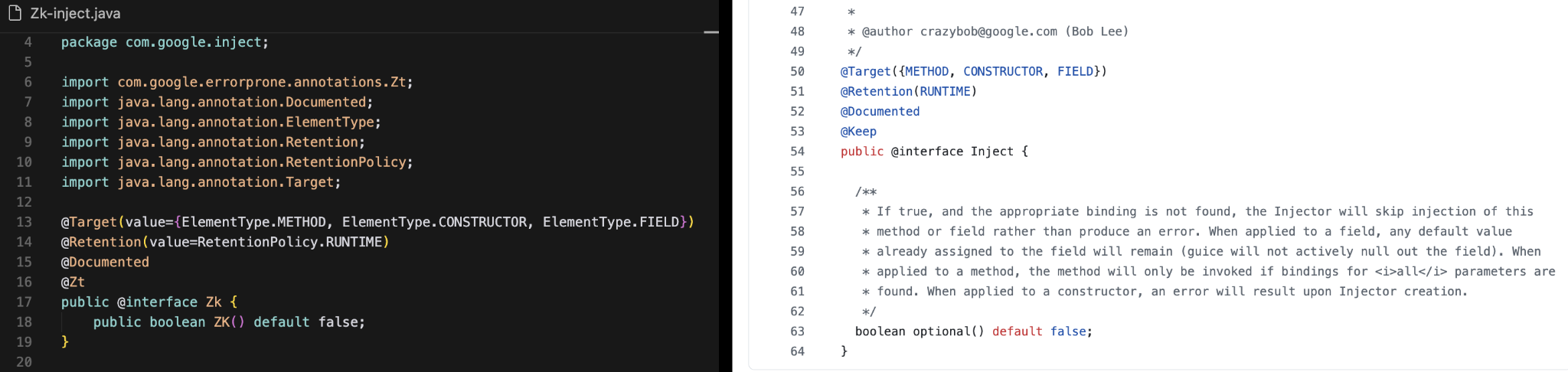 Burp AT's Zk class and Guice on GitHub, side by side