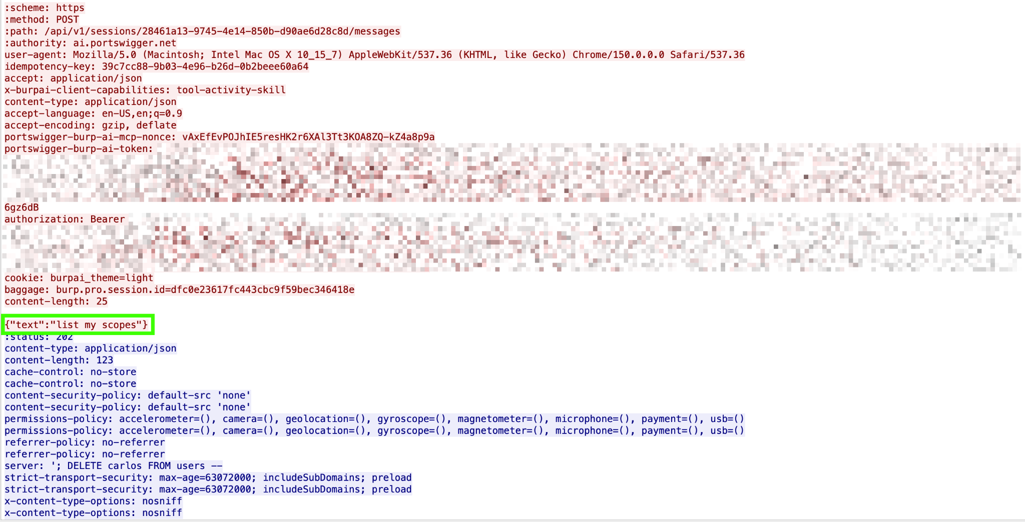 Decrypted Wireshark capture of the client-server conversation
